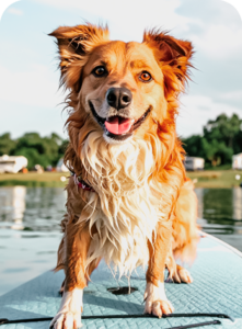 Dog on a paddleboard at Grand Lake at The Regatta a pet-friendly luxury RV resort.