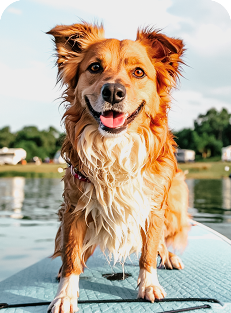 Dog on a paddleboard at Grand Lake at The Regatta a pet-friendly luxury RV resort.