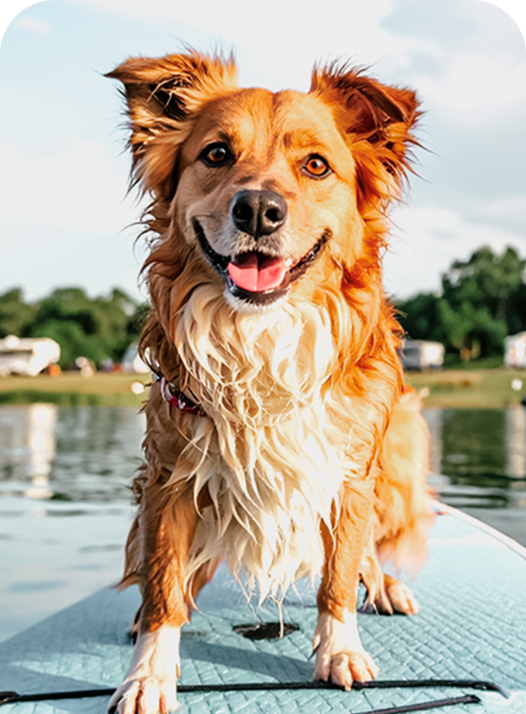Dog on a paddleboard at Grand Lake at The Regatta a pet-friendly luxury RV resort.