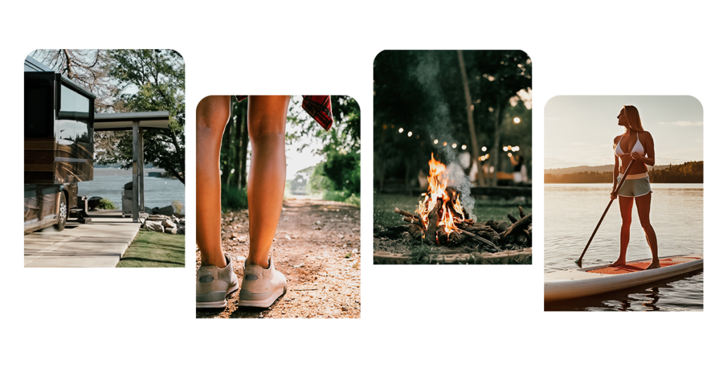 RV site, walking trail, bonfire, and paddleboarder at The Regatta on Grand Luxury RV Resort.