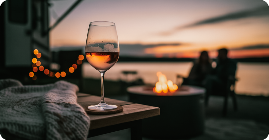Couple at a boutique RV resort with wine, firepit and lake.