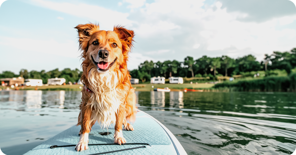 Dog on paddleboard on Grand Lake at The Regatta on Grand, a pet-friendly luxury RV resort.