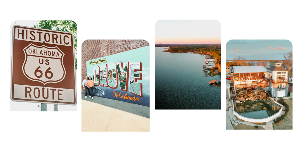 Route 66 sign, welcome to Grove Oklahoma sign, Grand Lake, and The Regatta on Grand RV Resort.