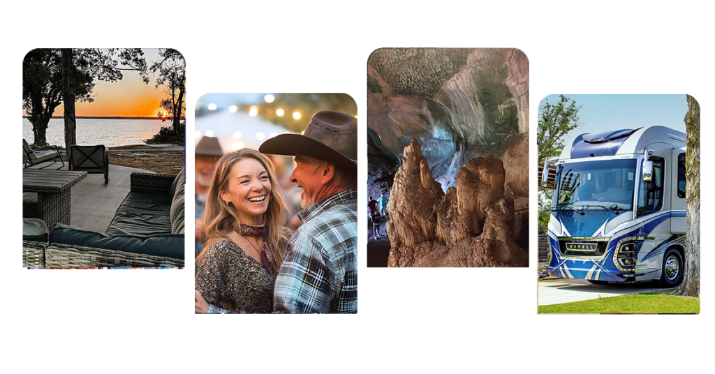 Lakefront RV site, dancing at a Cowboy cookout, exploring a local cave, and a beautiful Newell motorcoach.