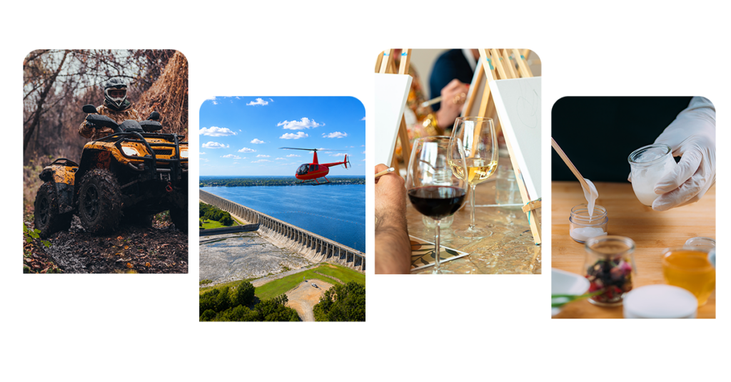 Grand Lake UTV adventure and helicopter ride, paint-and-sip class, and body care class.