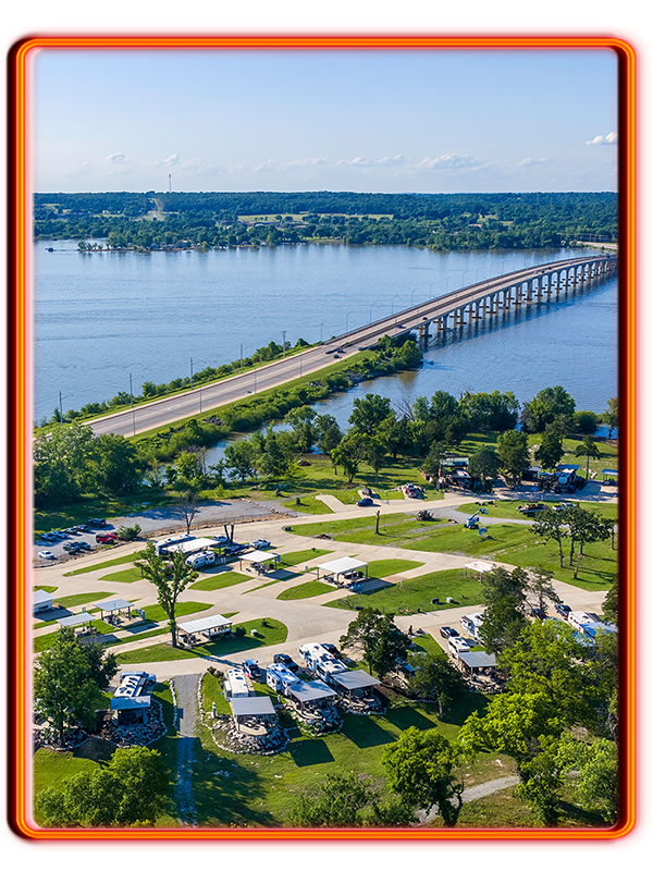Iconic Sailboat Bridge Leading into Grove and The Regatta on Grand RV Resort on Grand Lake O' the Cherokees.